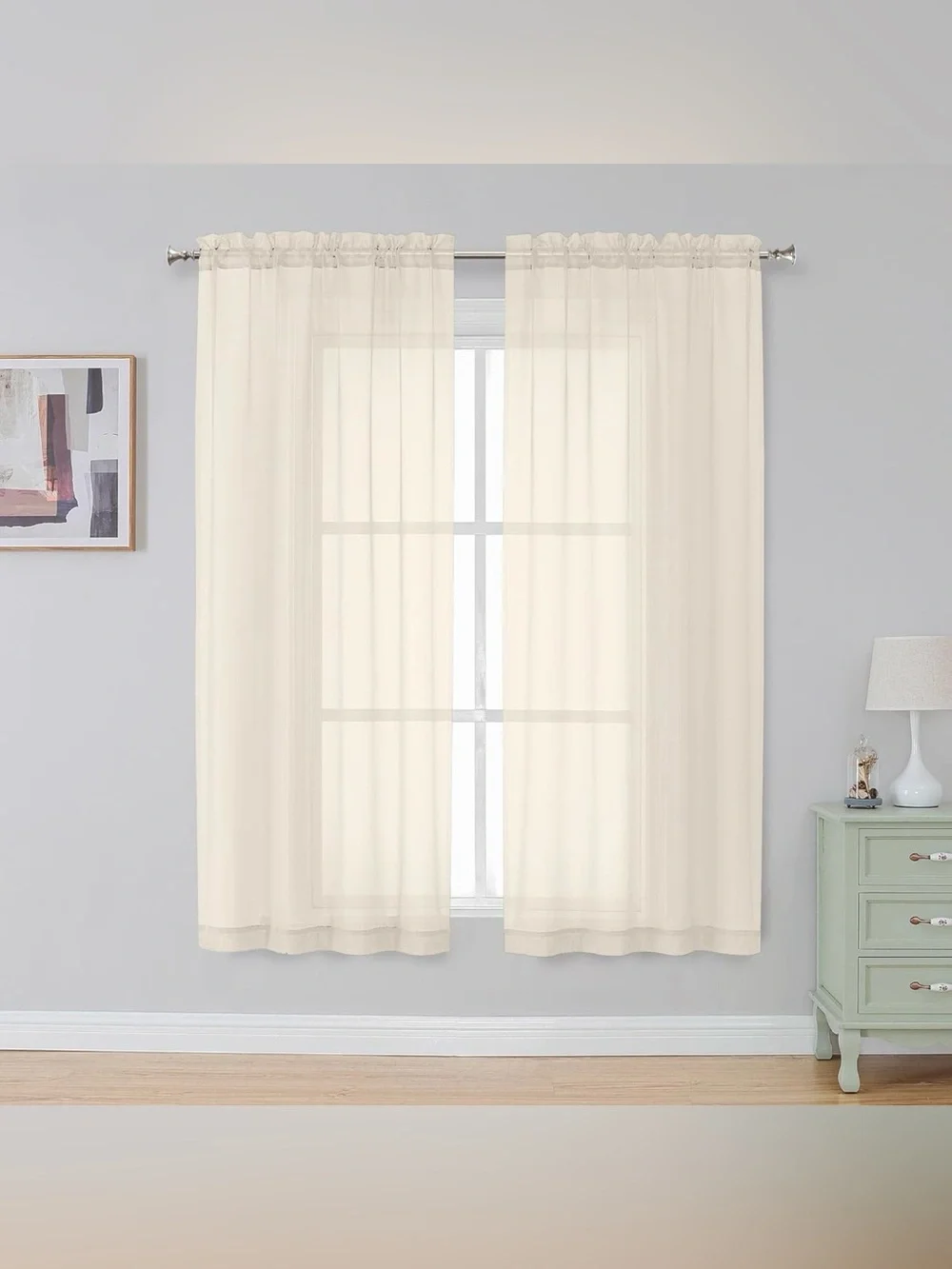 Cream Sheer Curtains 63 Inch Length 2 Panels, Rod Pocket, 42